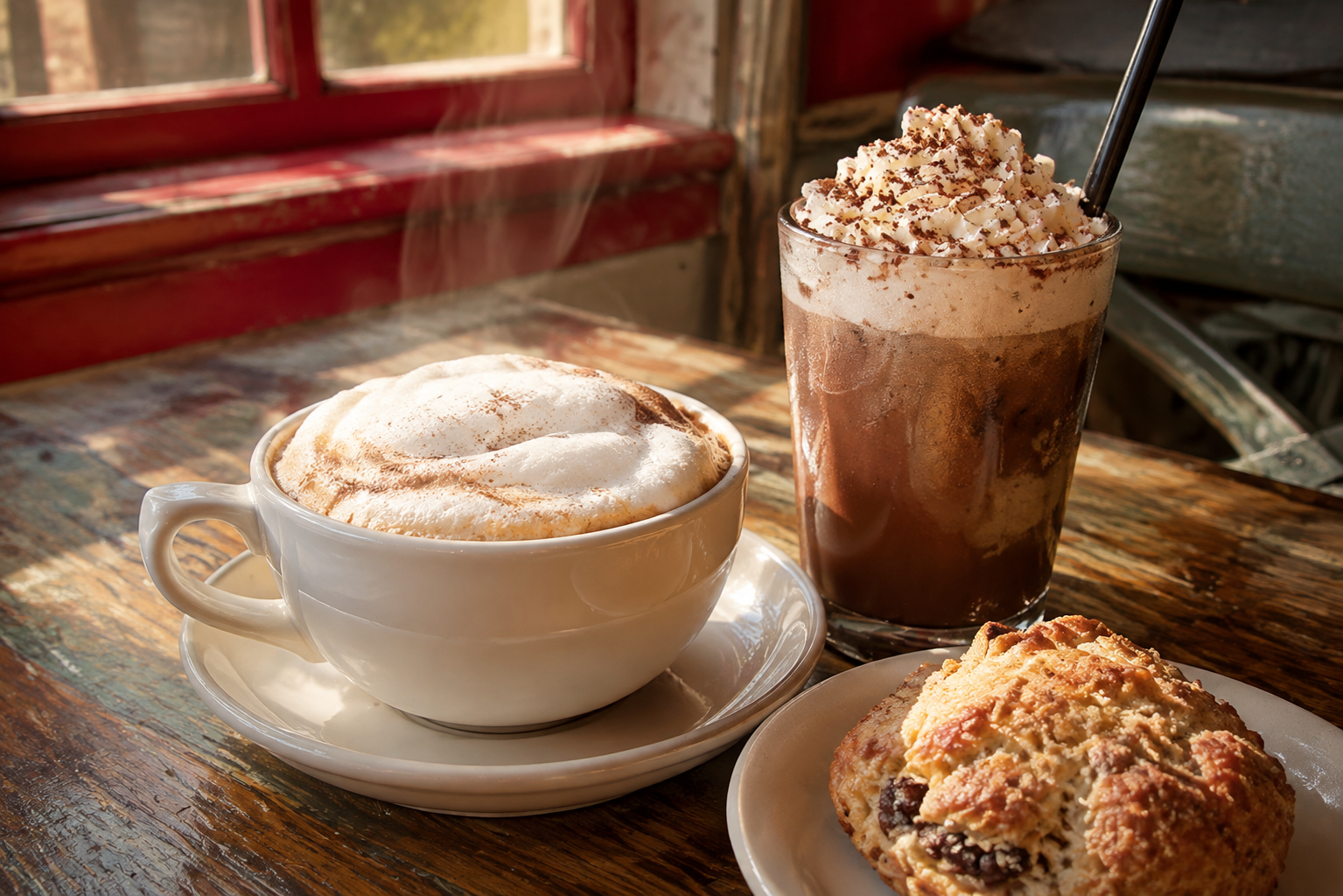 Cappuccino, iced mocha and a fresh pastry in the morning sun