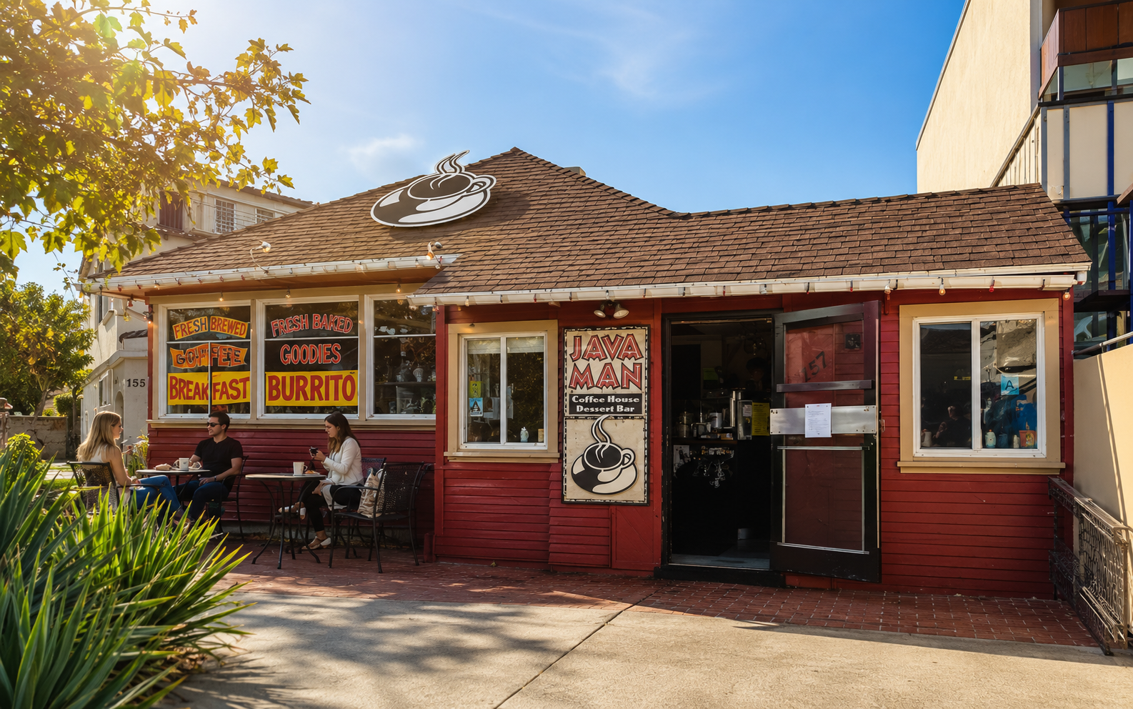 Java Man Coffee House glowing in the Hermosa Beach morning sun